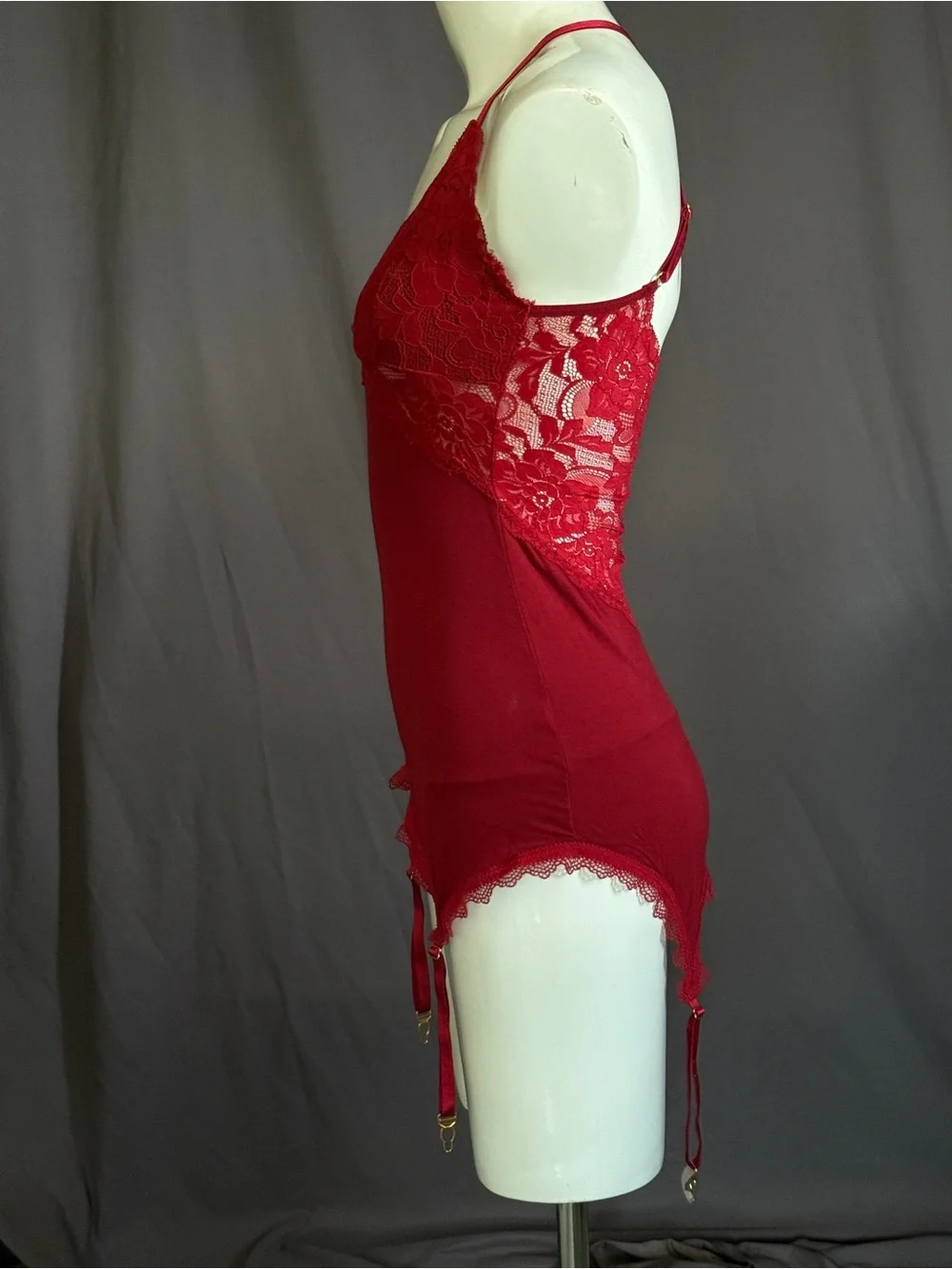 Frederick's of Hollywood Red Lace Garter Chemise set